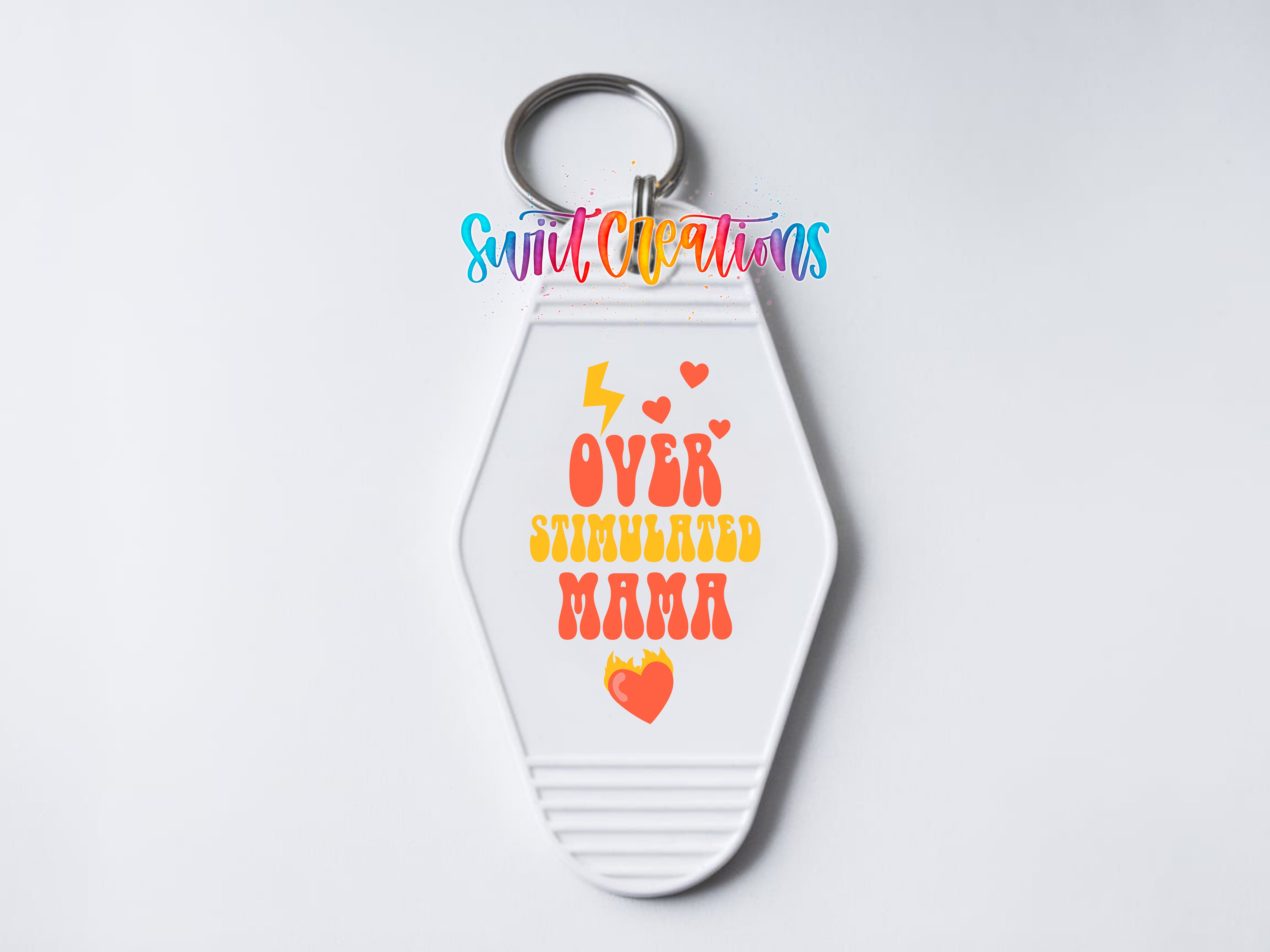 Overstimulated Mama motel keychain UV DTF transfer clean keychain mockup by Swiit Creations
