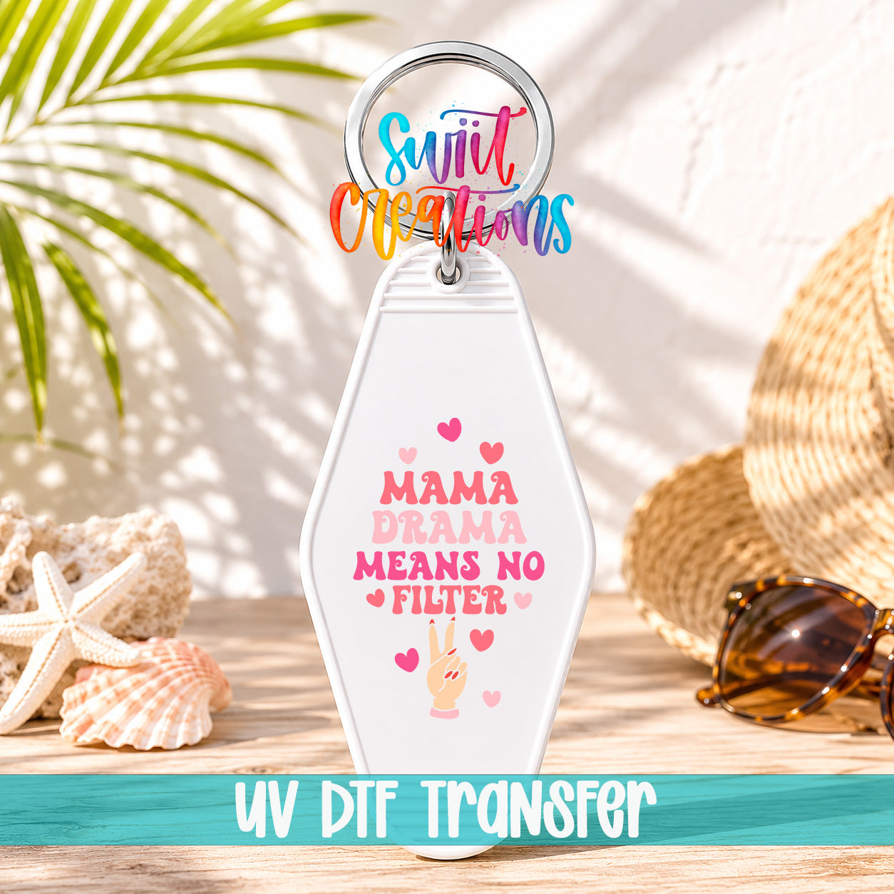 Mama Drama Means No Filter motel keychain UV DTF transfer display mockup by Swiit Creations