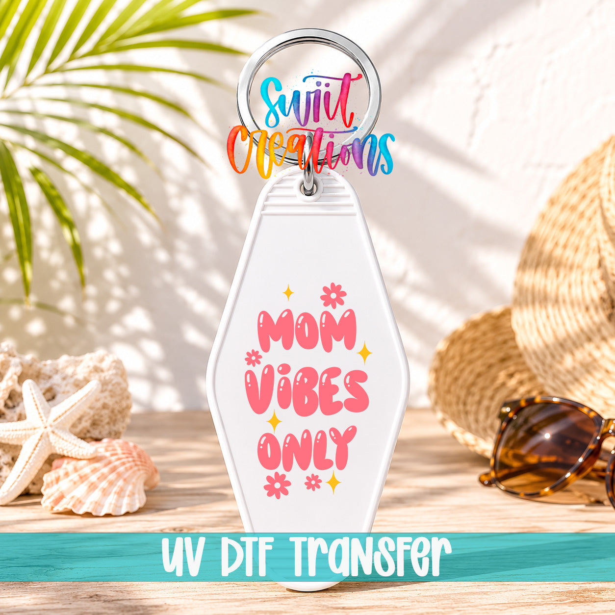 Mom Vibes Only motel keychain UV DTF transfer display mockup by Swiit Creations