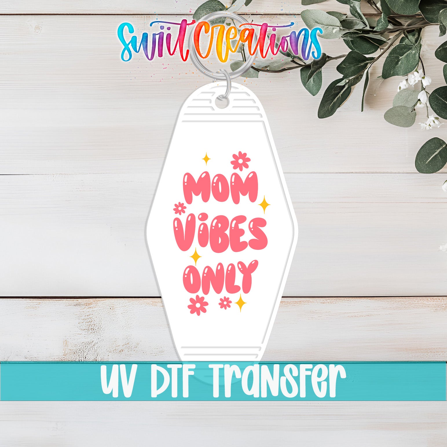 Mom Vibes Only motel keychain UV DTF transfer flat lay mockup by Swiit Creations