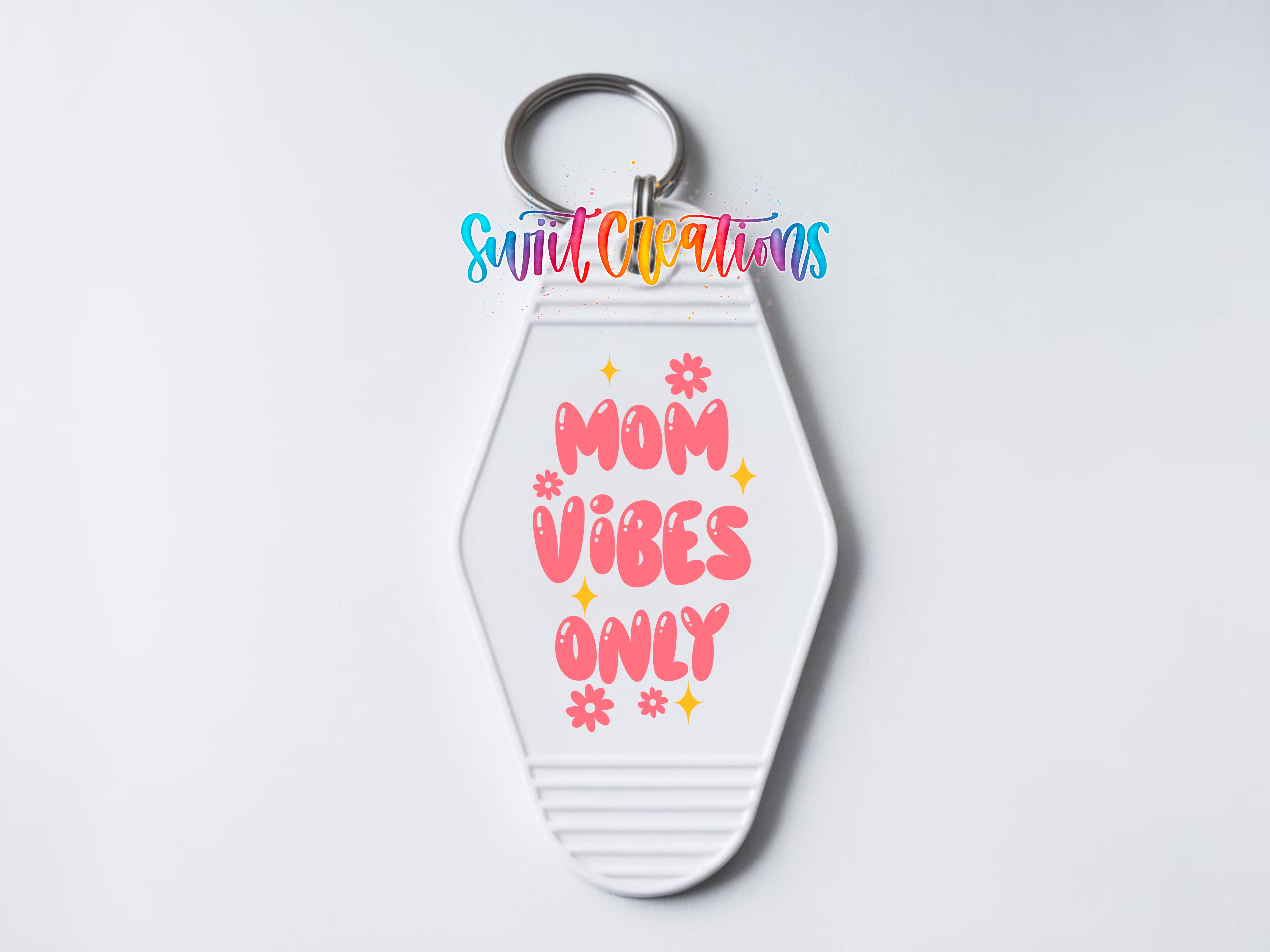 Mom Vibes Only motel keychain UV DTF transfer clean keychain mockup by Swiit Creations