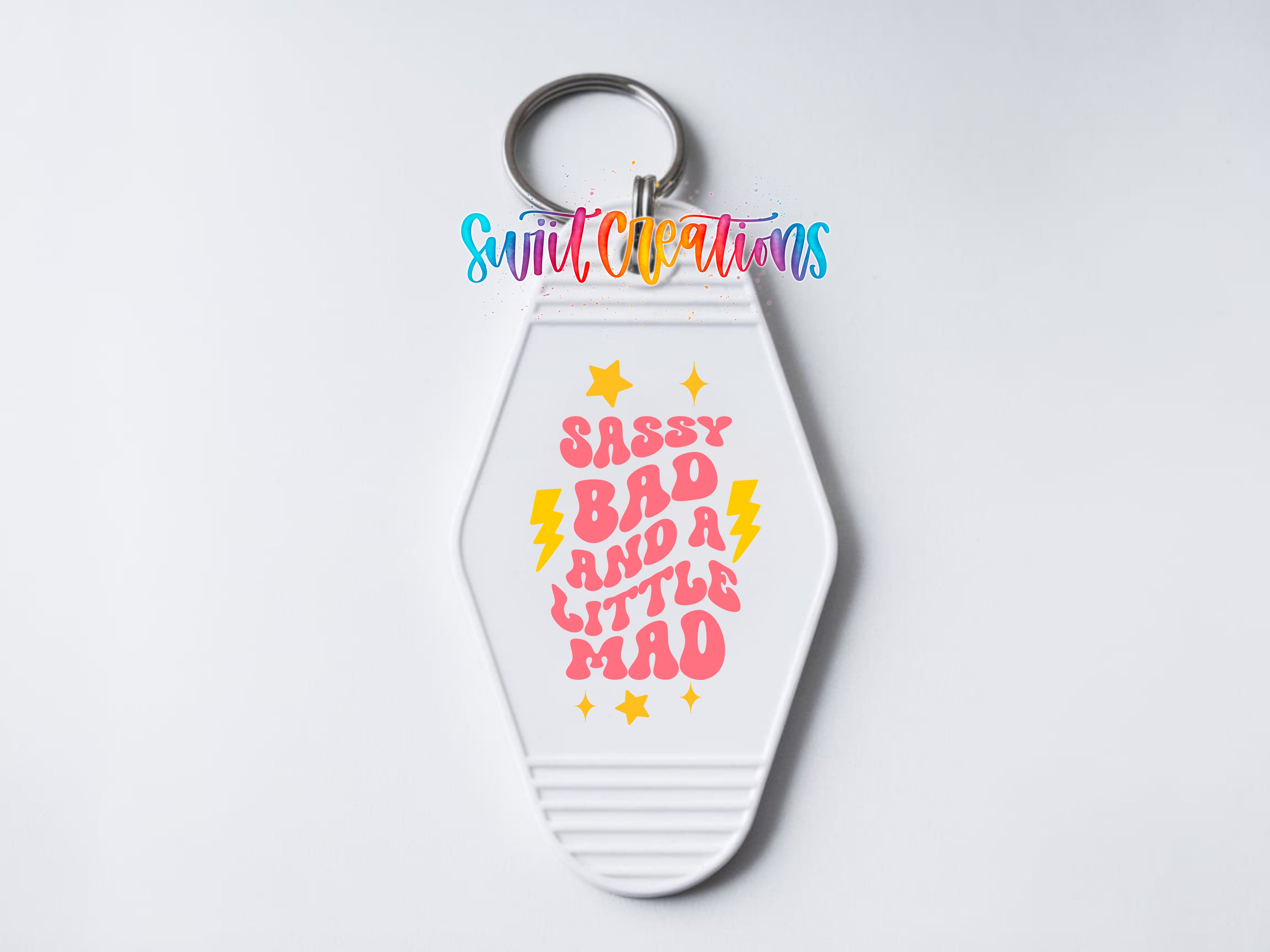 Sassy Bad and a Little Mad motel keychain UV DTF transfer clean keychain mockup by Swiit Creations
