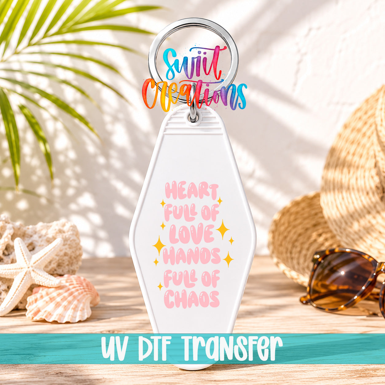 Heart Full of Love Hands Full of Chaos motel keychain UV DTF transfer display mockup by Swiit Creations