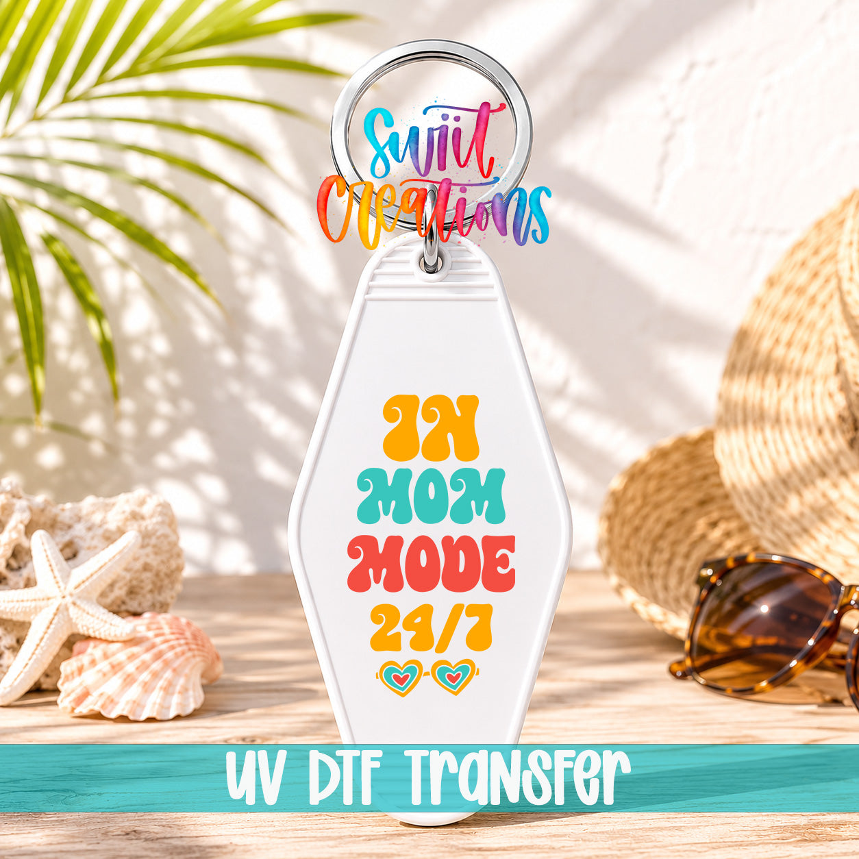 In Mom Mode 24/7 motel keychain UV DTF transfer display mockup by Swiit Creations