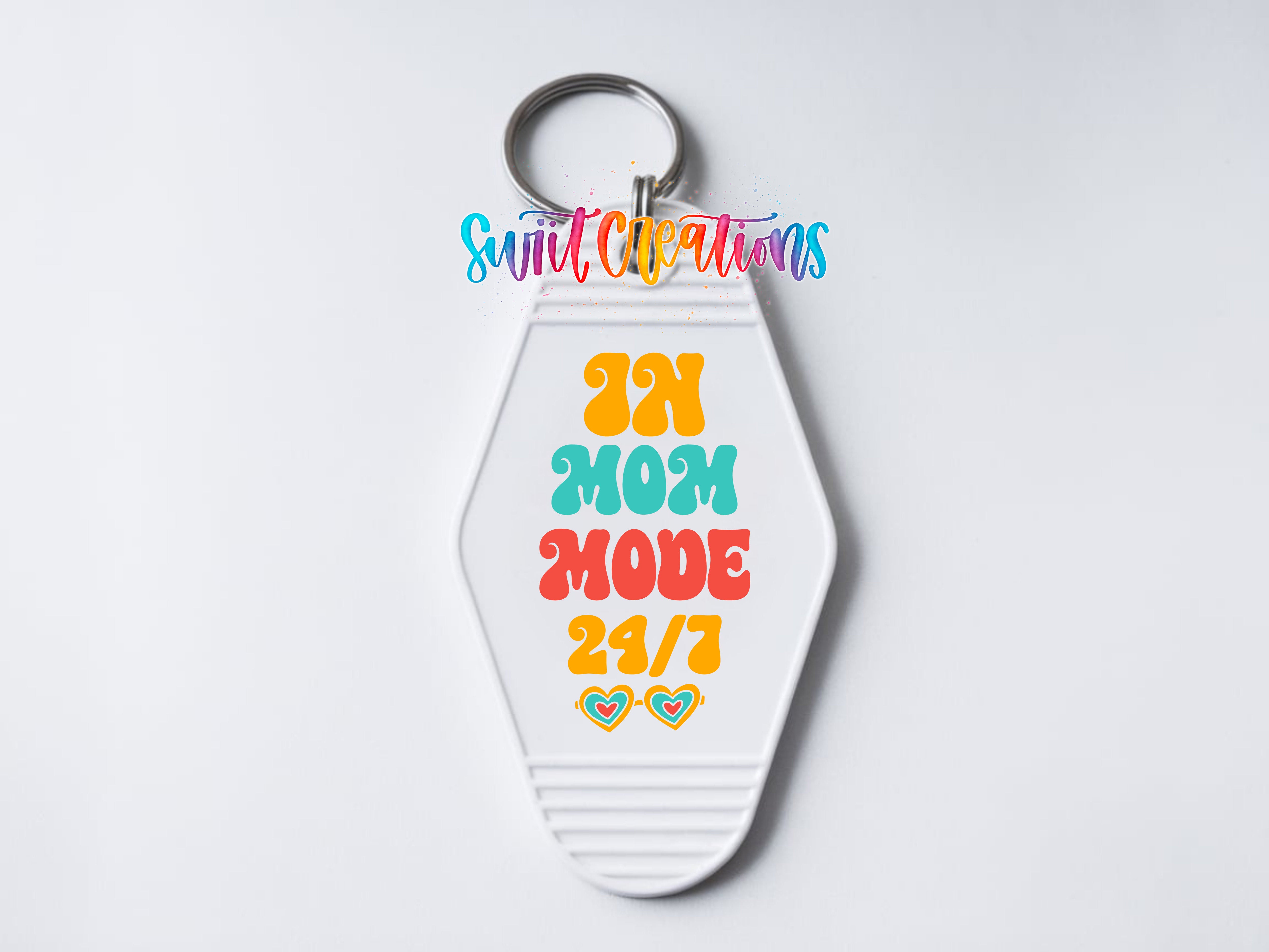 In Mom Mode 24/7 motel keychain UV DTF transfer clean keychain mockup by Swiit Creations
