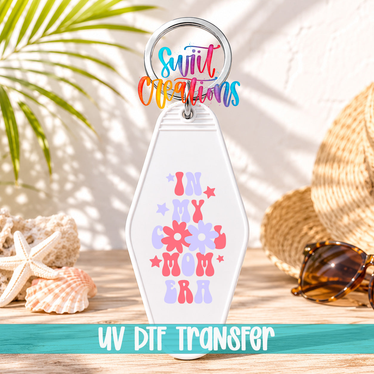In My Cool Mom Era motel keychain UV DTF transfer display mockup by Swiit Creations