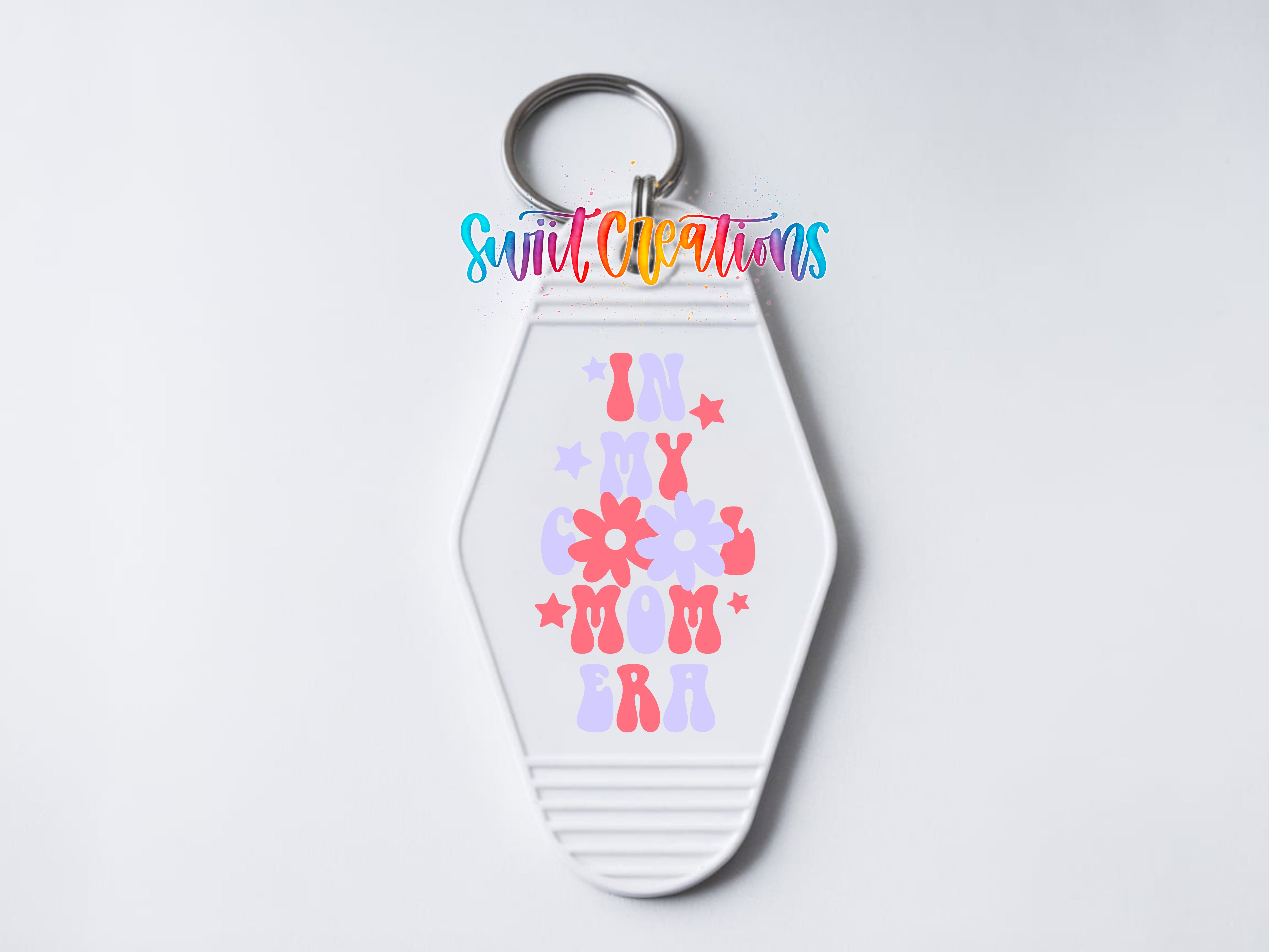 In My Cool Mom Era motel keychain UV DTF transfer clean keychain mockup by Swiit Creations