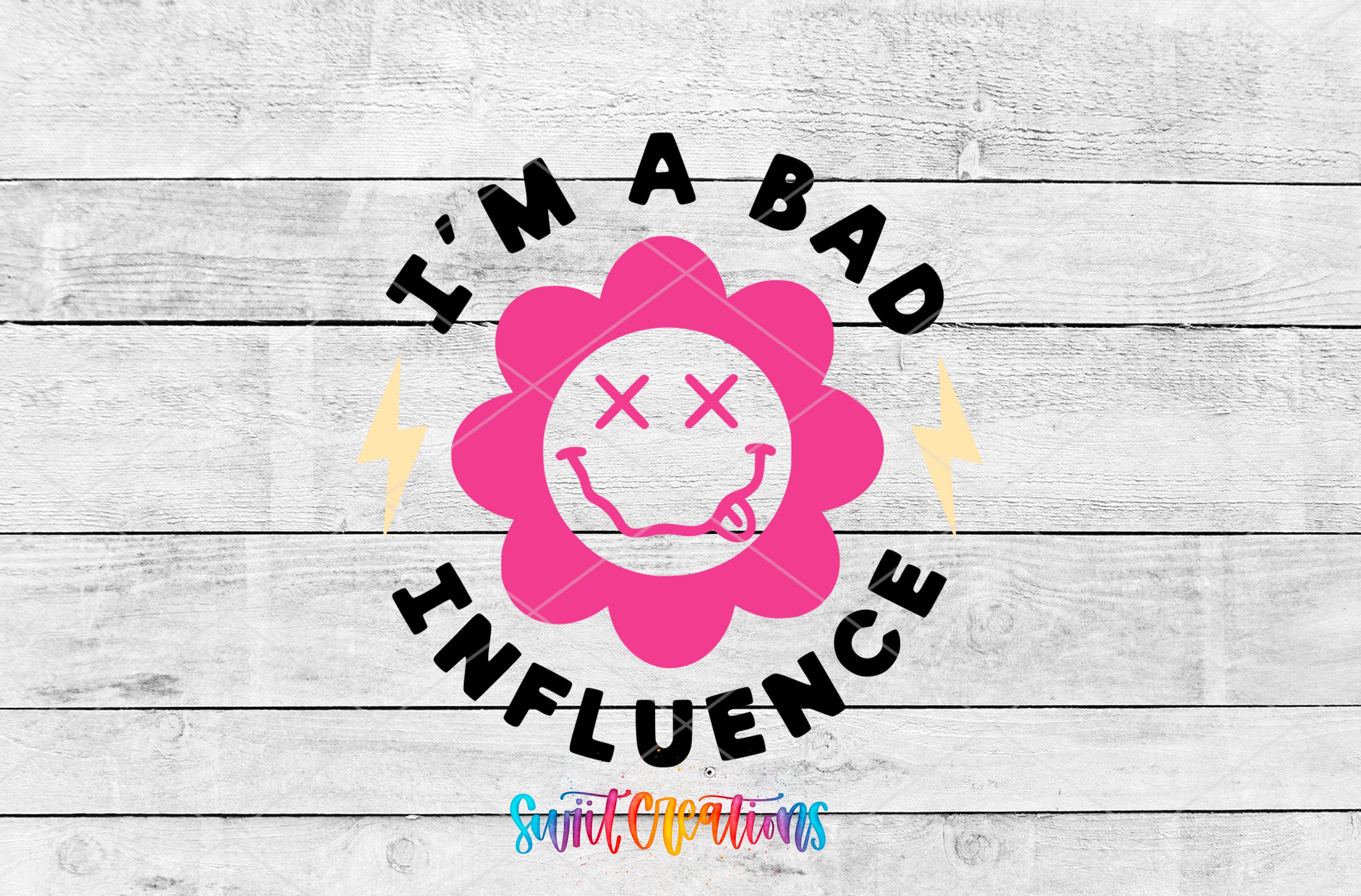 I’m a Bad Influence motel keychain UV DTF transfer artwork preview by Swiit Creations