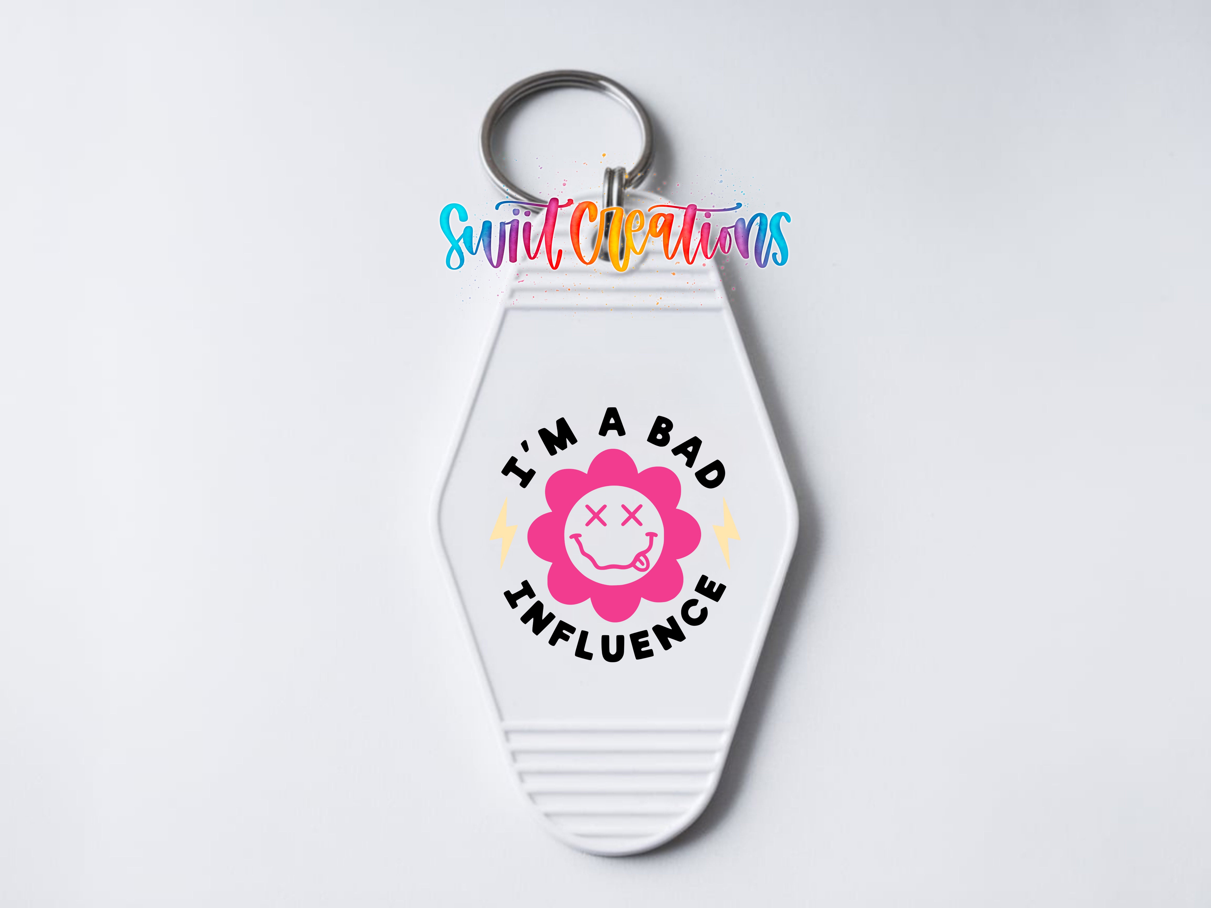 I’m a Bad Influence motel keychain UV DTF transfer clean keychain mockup by Swiit Creations