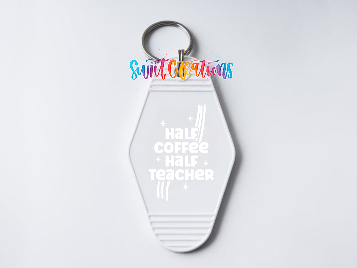 Half Coffee Half Teacher motel keychain UV DTF transfer clean keychain mockup by Swiit Creations
