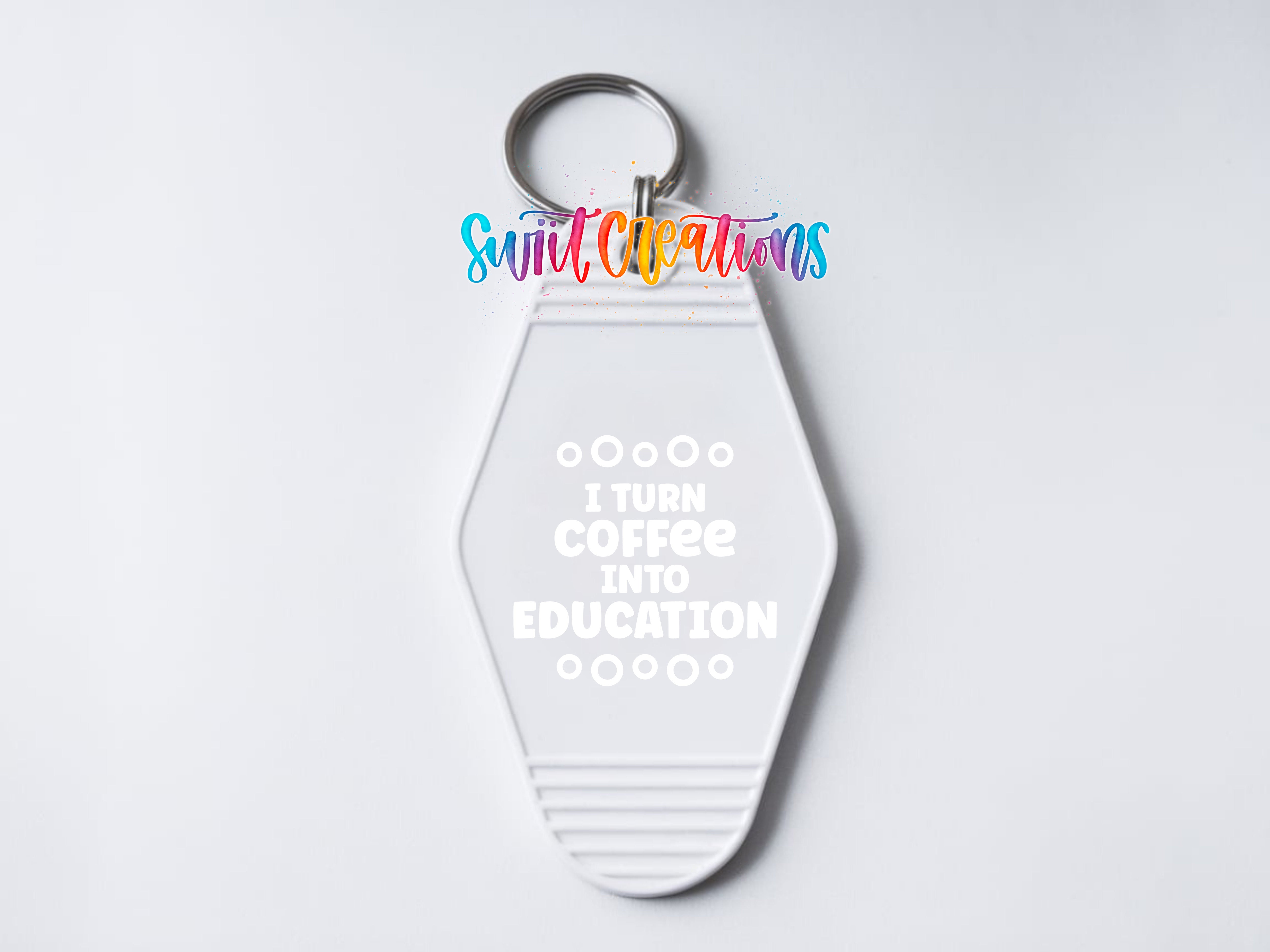 I Turn Coffee Into Education motel keychain UV DTF transfer clean keychain mockup by Swiit Creations