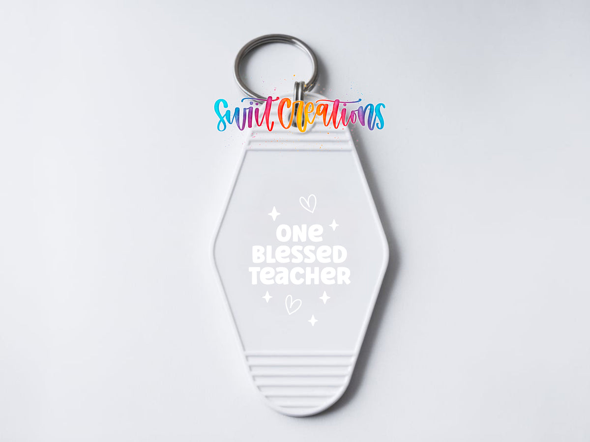 One Blessed Teacher motel keychain UV DTF transfer clean keychain mockup by Swiit Creations
