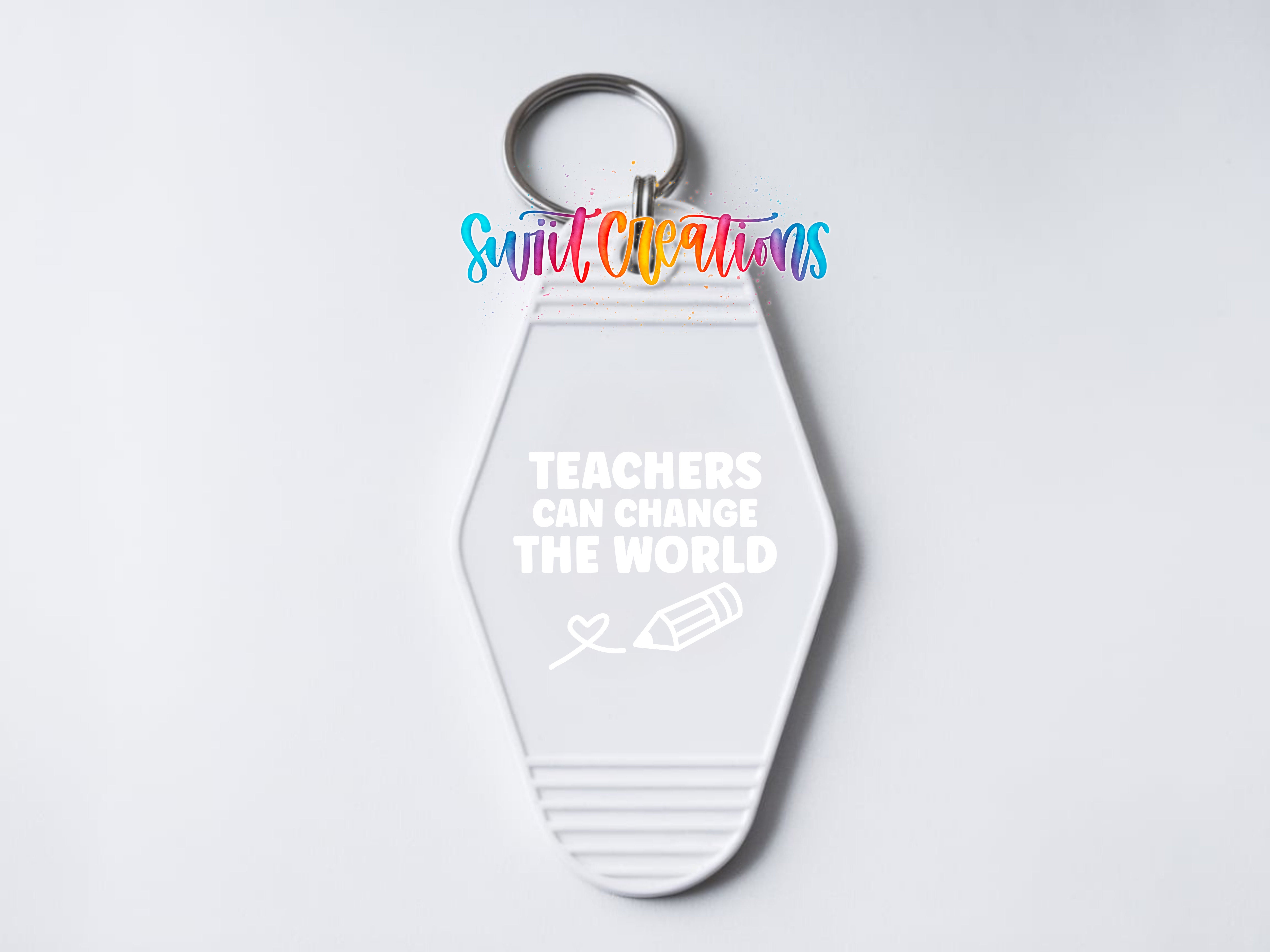 Teachers Can Change the World motel keychain UV DTF transfer clean keychain mockup by Swiit Creations