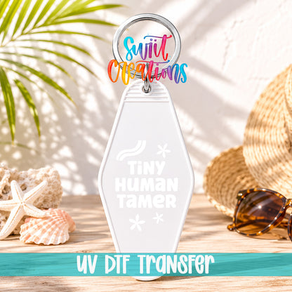 Tiny Human Tamer motel keychain UV DTF transfer display mockup by Swiit Creations