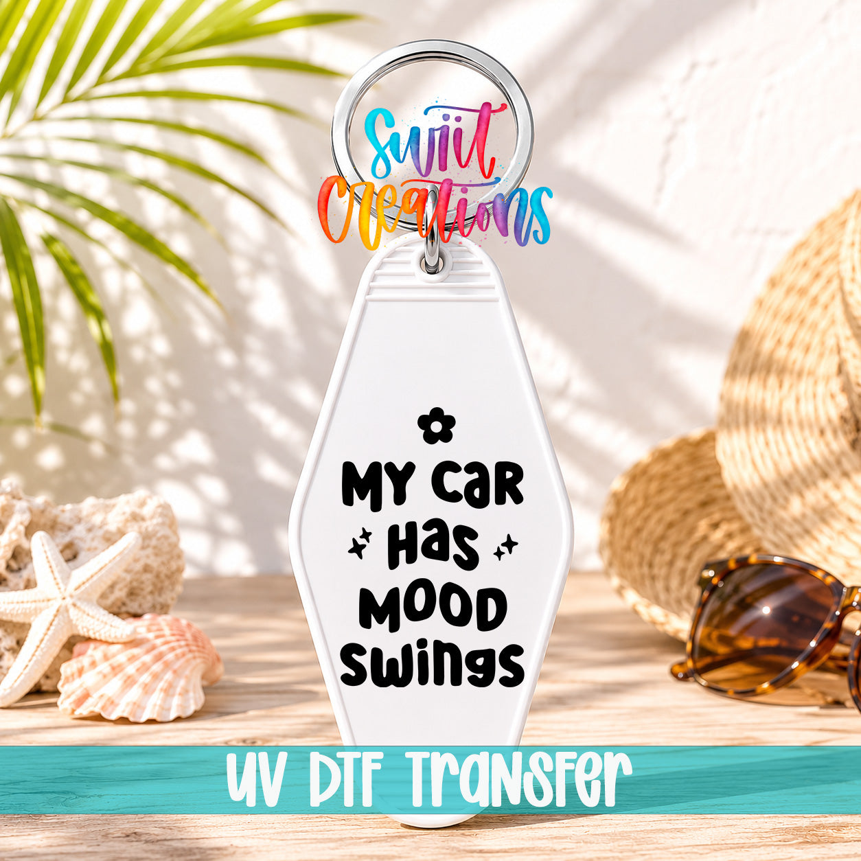 My Car Has Mood Swings motel keychain UV DTF transfer display mockup by Swiit Creations