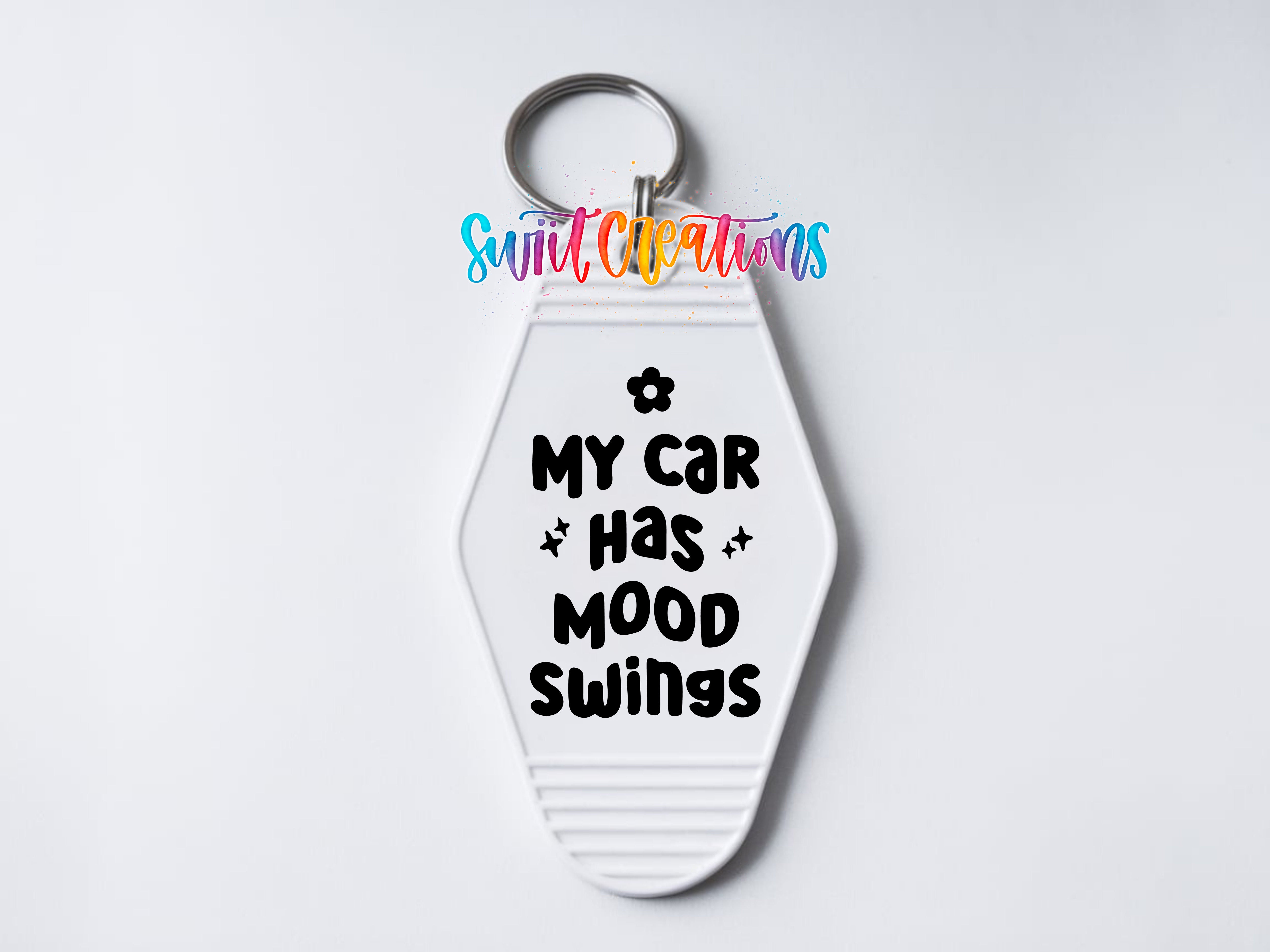 My Car Has Mood Swings motel keychain UV DTF transfer clean keychain mockup by Swiit Creations