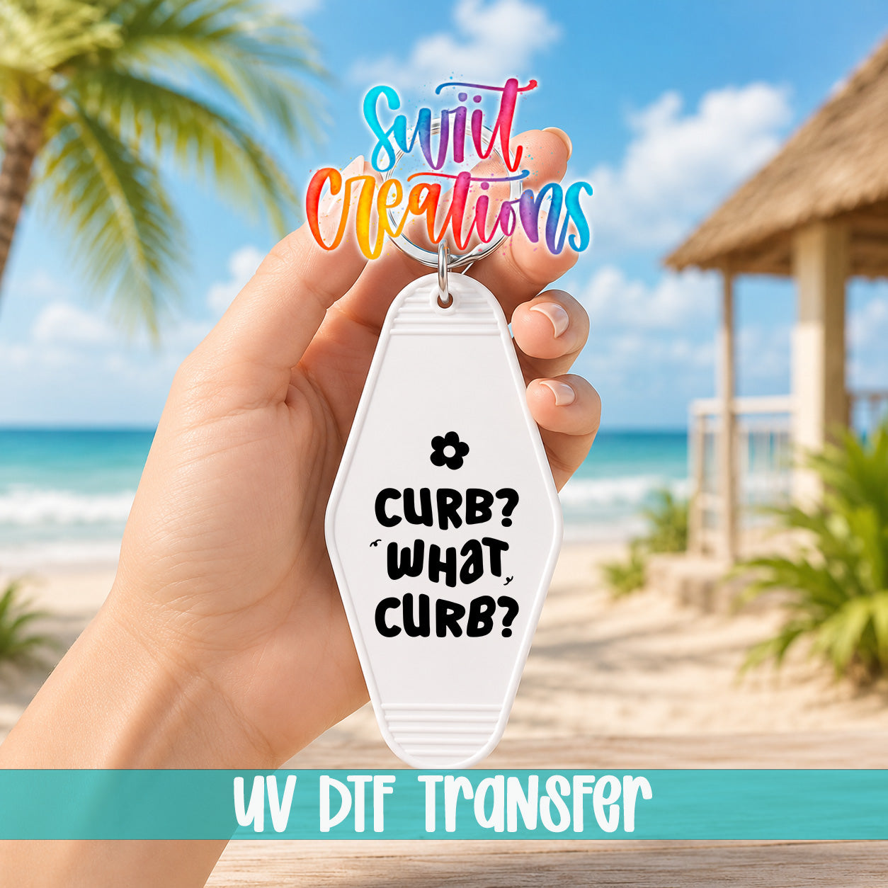 Curb? What Curb? motel keychain UV DTF transfer lifestyle mockup by Swiit Creations