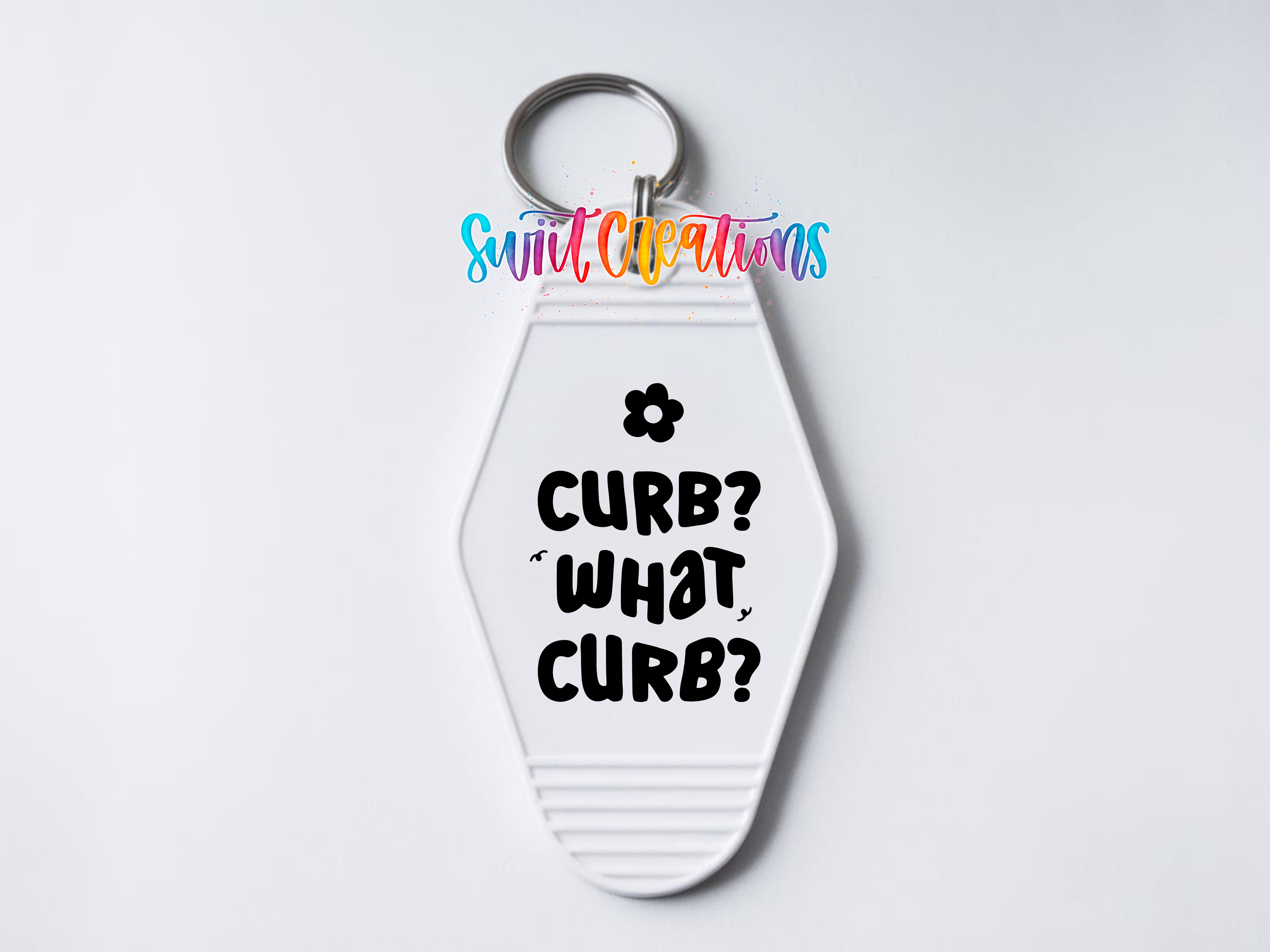Curb? What Curb? motel keychain UV DTF transfer clean keychain mockup by Swiit Creations
