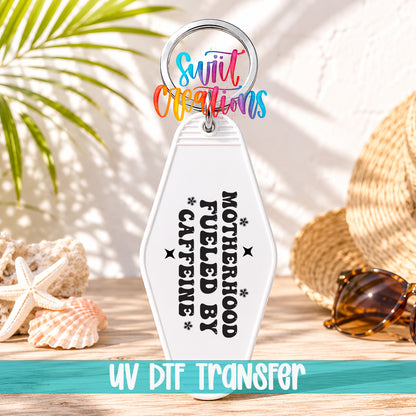 Motherhood Fueled by Caffeine motel keychain UV DTF transfer display mockup by Swiit Creations