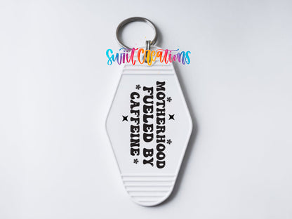Motherhood Fueled by Caffeine motel keychain UV DTF transfer clean keychain mockup by Swiit Creations