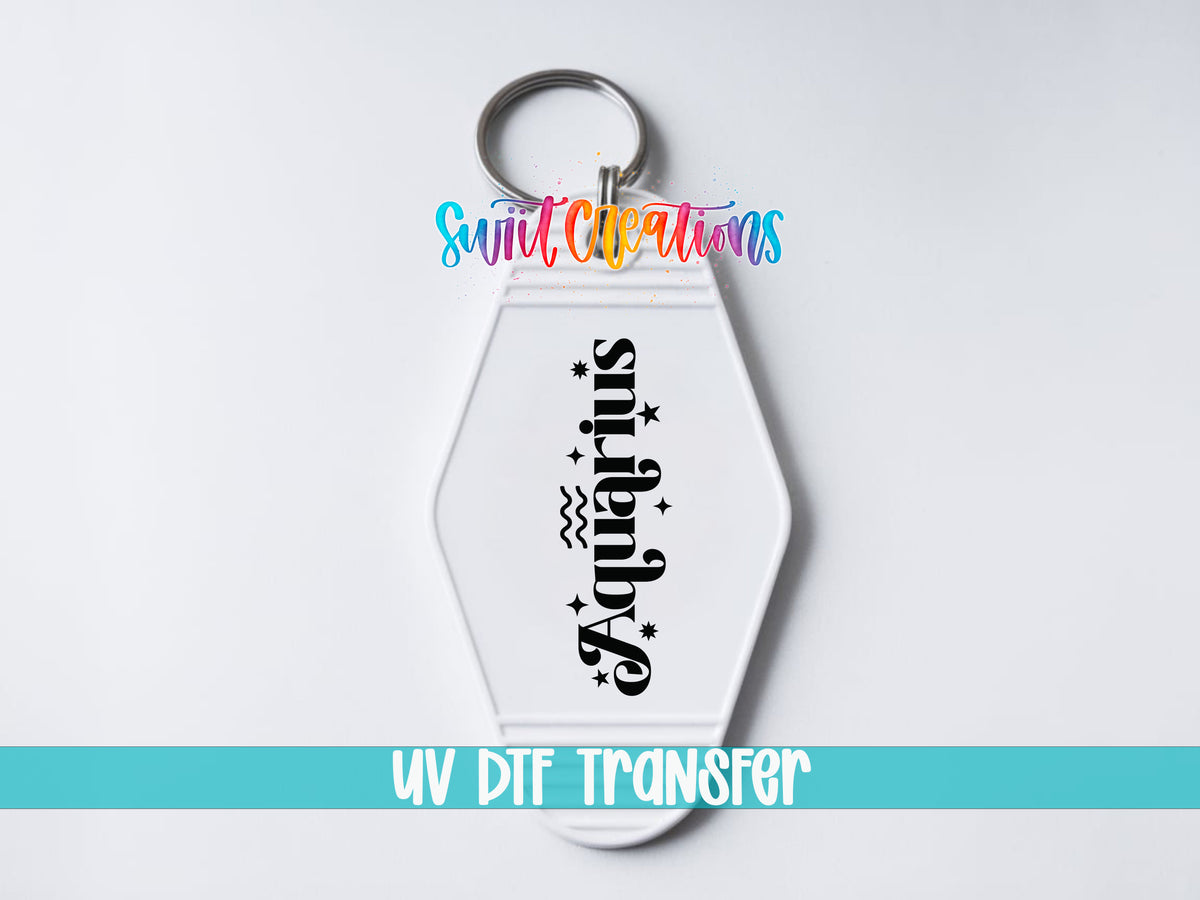 Aquarius motel keychain UV DTF transfer close-up mockup by Swiit Creations