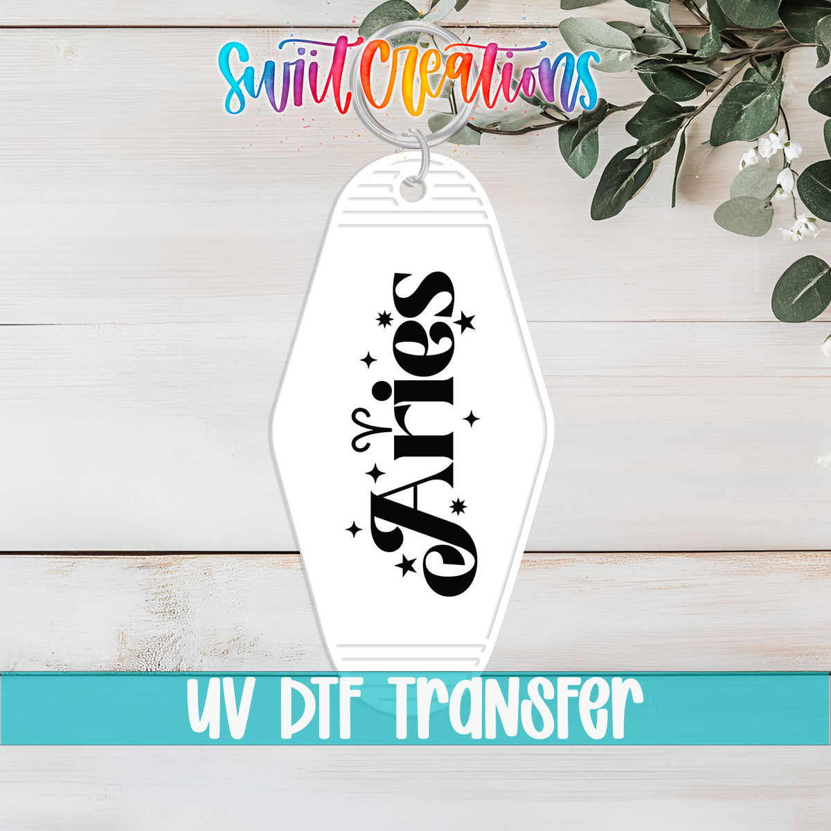 Aries motel keychain UV DTF transfer flat lay mockup by Swiit Creations