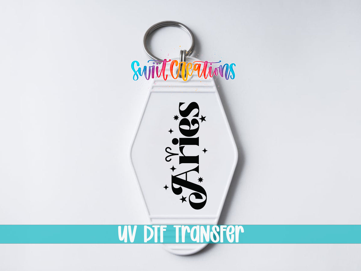 Aries motel keychain UV DTF transfer close-up mockup by Swiit Creations