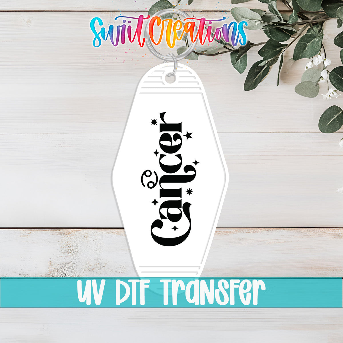 Cancer motel keychain UV DTF transfer flat lay mockup by Swiit Creations