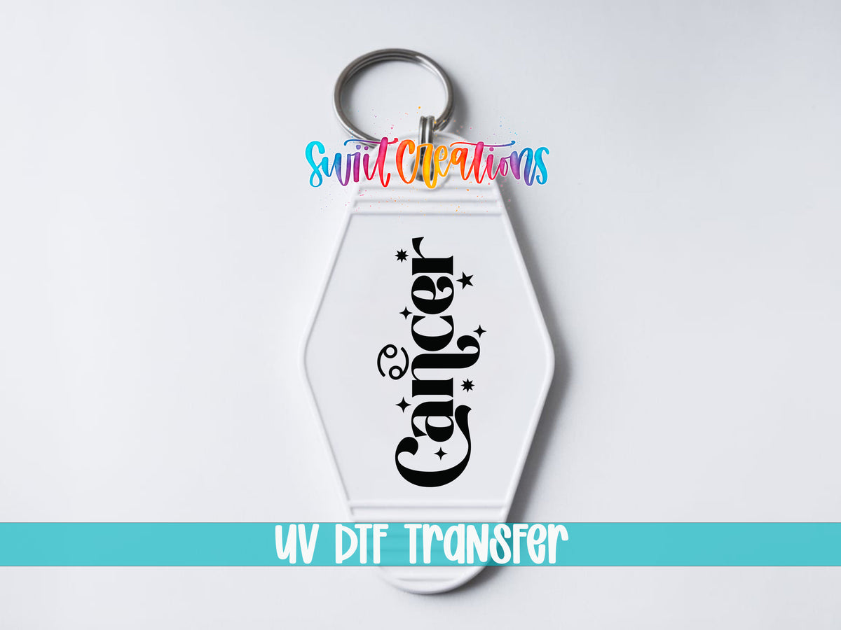 Cancer motel keychain UV DTF transfer close-up mockup by Swiit Creations