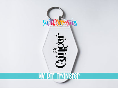 Cancer motel keychain UV DTF transfer close-up mockup by Swiit Creations