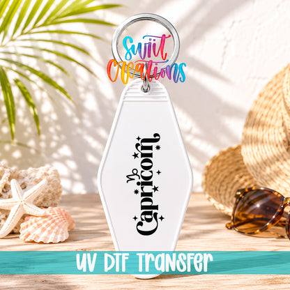 Capricorn motel keychain UV DTF transfer display mockup by Swiit Creations