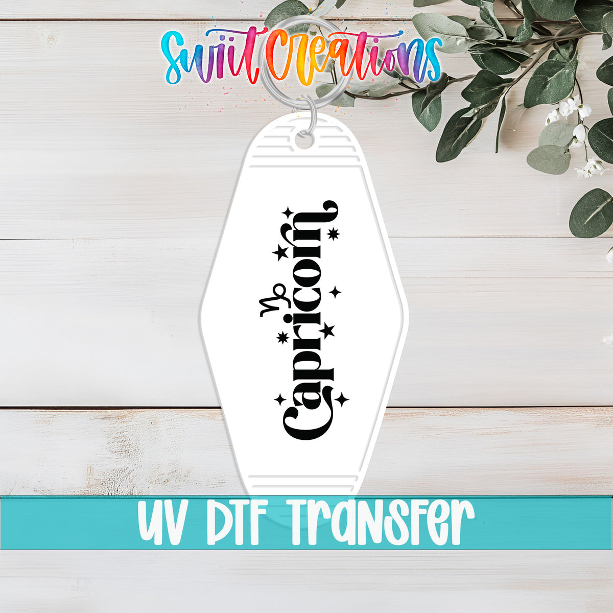 Capricorn motel keychain UV DTF transfer flat lay mockup by Swiit Creations