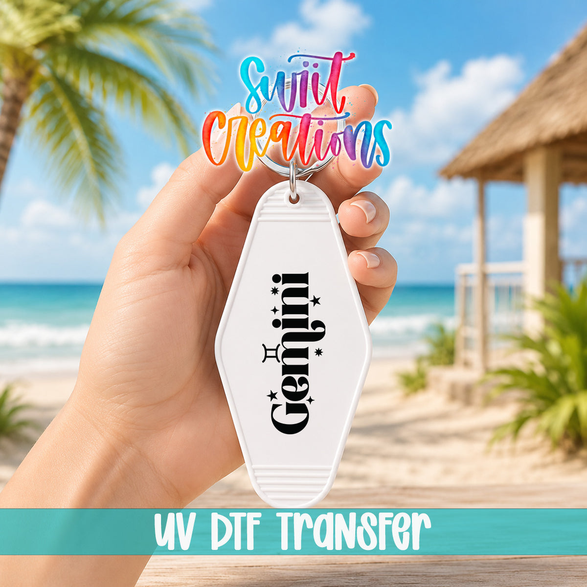 Gemini motel keychain UV DTF transfer lifestyle mockup by Swiit Creations