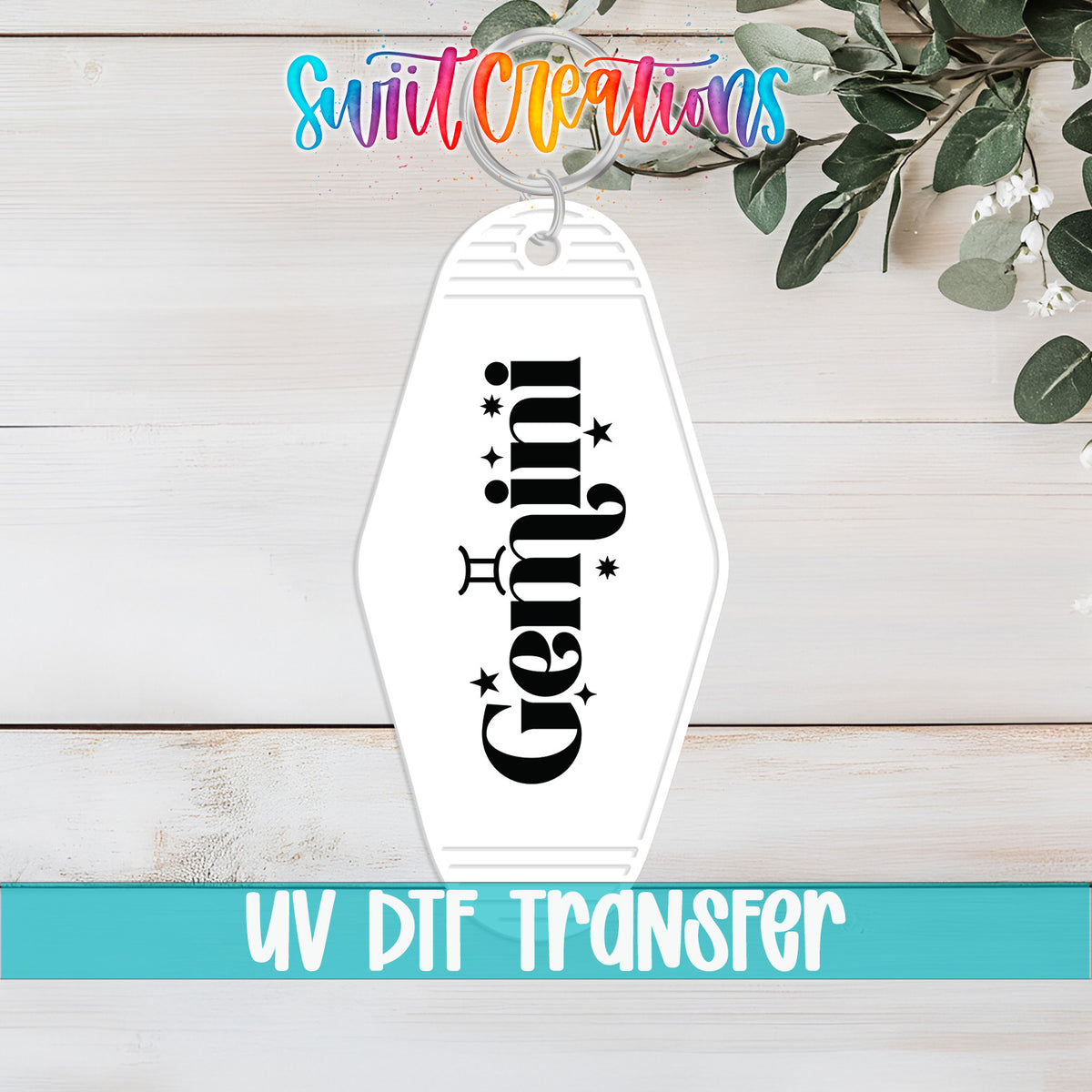 Gemini motel keychain UV DTF transfer flat lay mockup by Swiit Creations