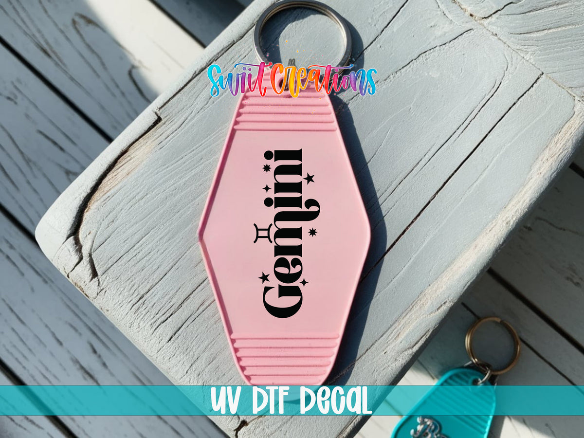 Gemini motel keychain UV DTF transfer colored keychain mockup by Swiit Creations