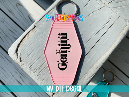 Gemini motel keychain UV DTF transfer colored keychain mockup by Swiit Creations