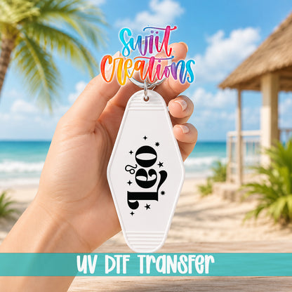 Leo motel keychain UV DTF transfer lifestyle mockup by Swiit Creations