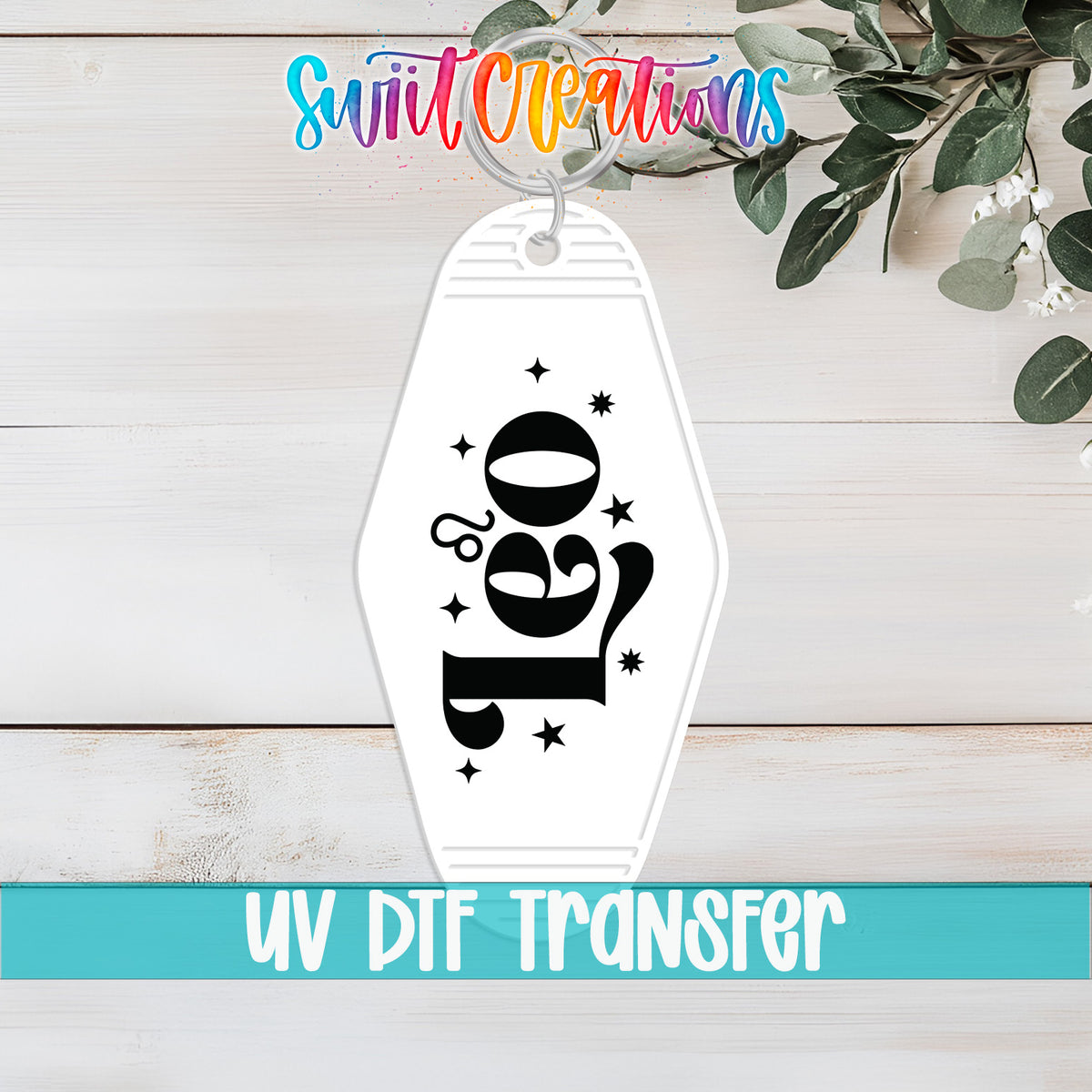 Leo motel keychain UV DTF transfer flat lay mockup by Swiit Creations