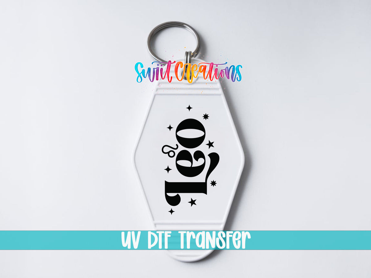 Leo motel keychain UV DTF transfer close-up mockup by Swiit Creations