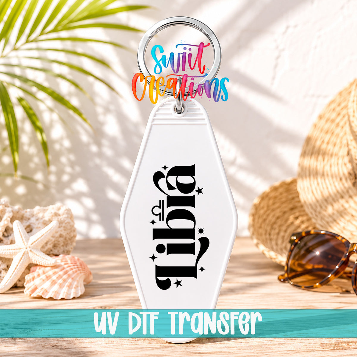 Libra motel keychain UV DTF transfer display mockup by Swiit Creations