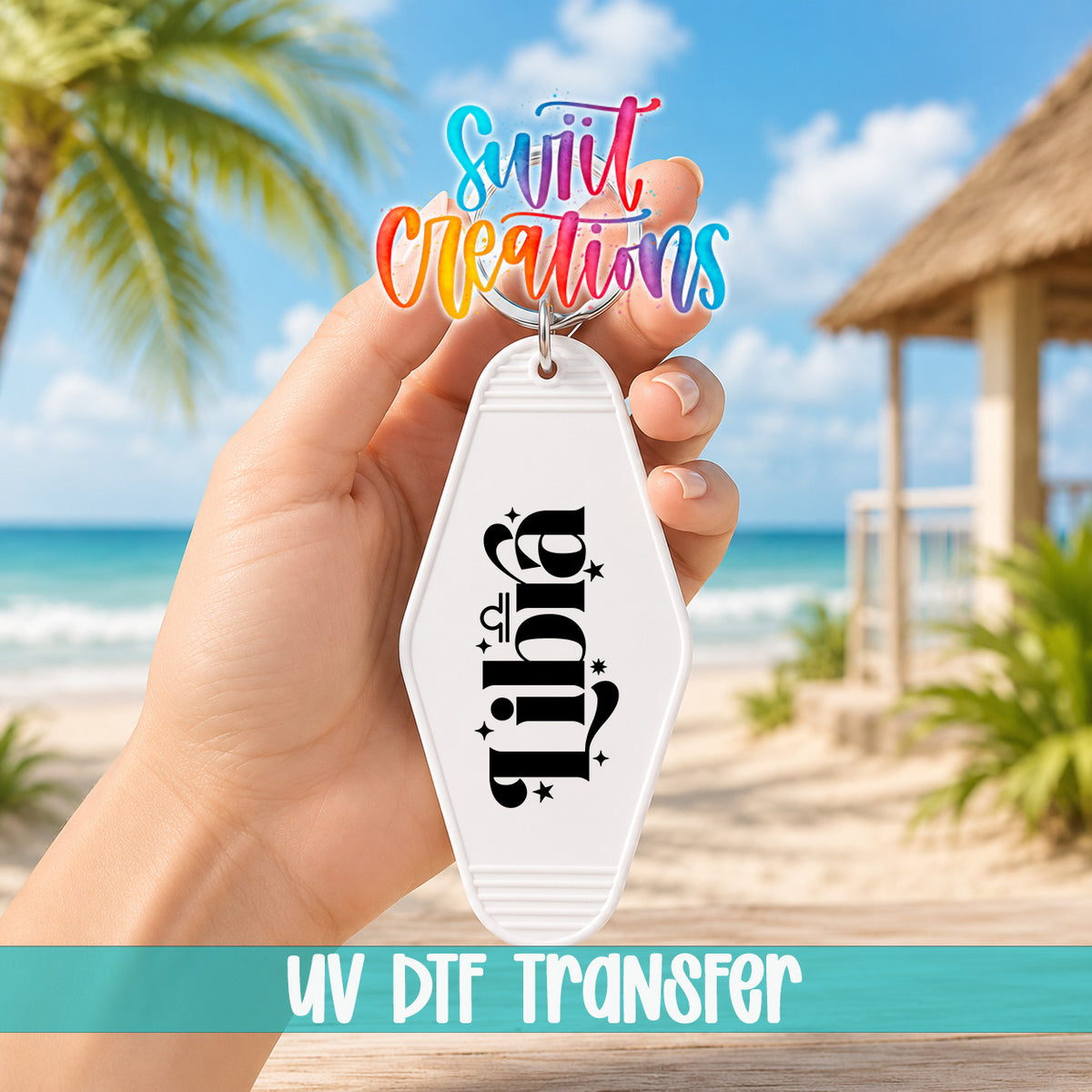 Libra motel keychain UV DTF transfer lifestyle mockup by Swiit Creations