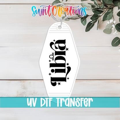 Libra motel keychain UV DTF transfer flat lay mockup by Swiit Creations