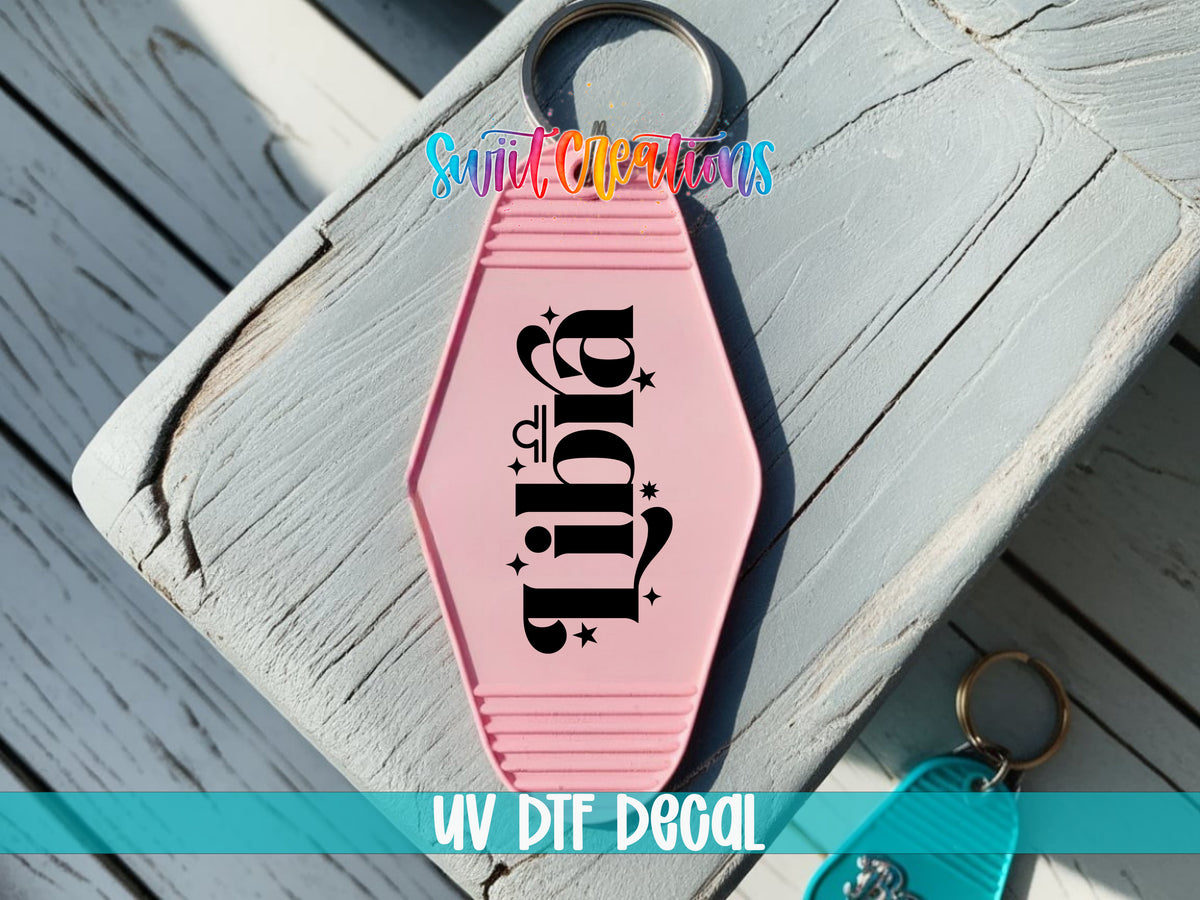Libra motel keychain UV DTF transfer colored keychain mockup by Swiit Creations