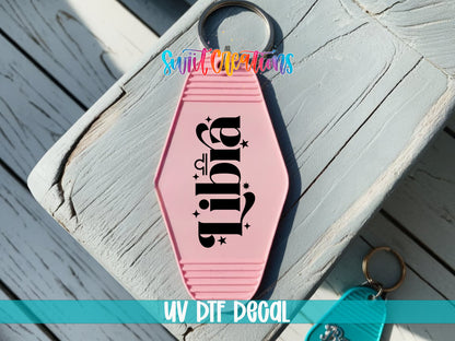 Libra motel keychain UV DTF transfer colored keychain mockup by Swiit Creations