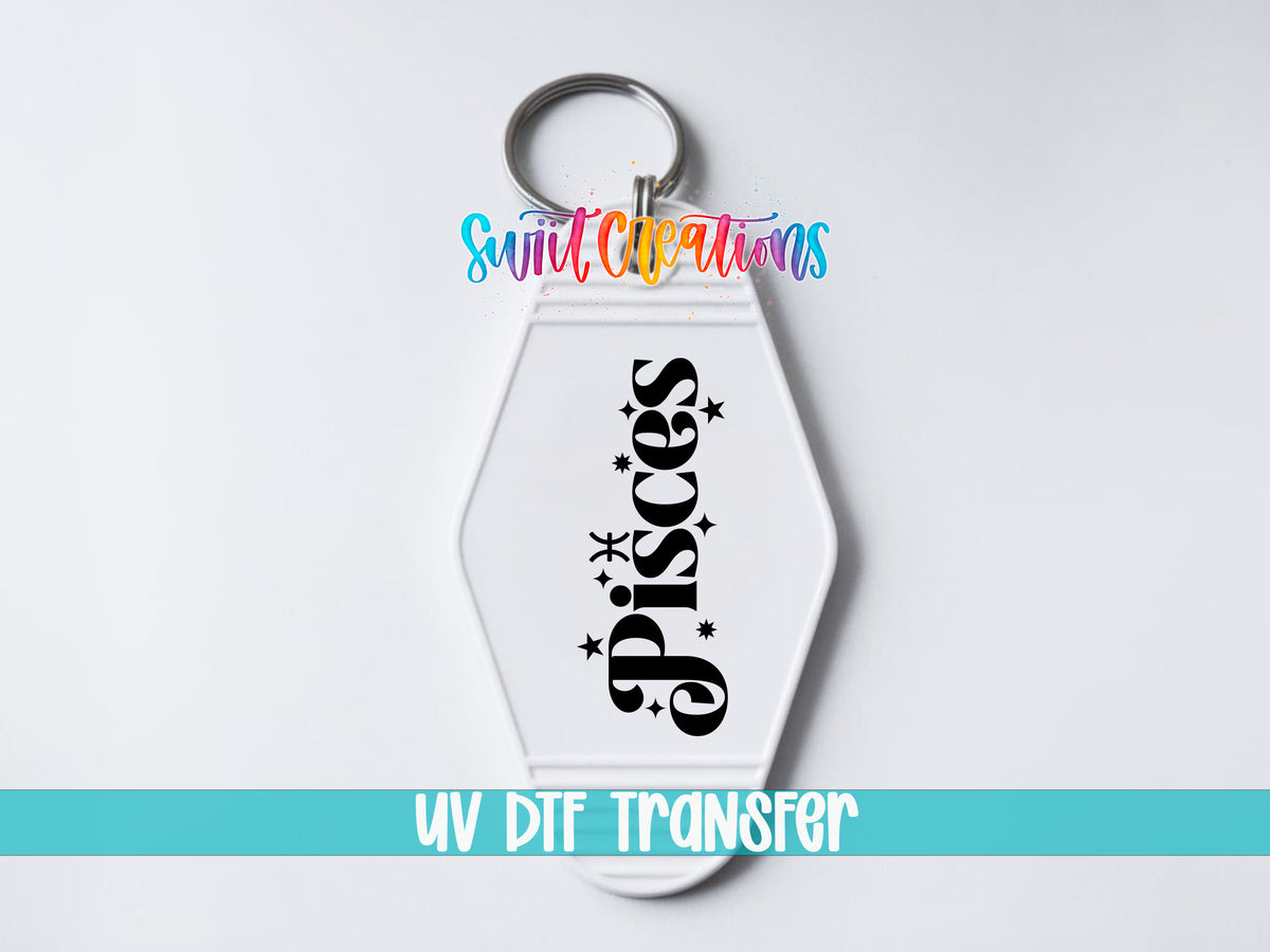 Pisces motel keychain UV DTF transfer close-up mockup by Swiit Creations