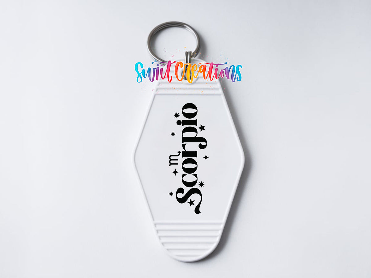 Scorpio motel keychain UV DTF transfer clean keychain mockup by Swiit Creations