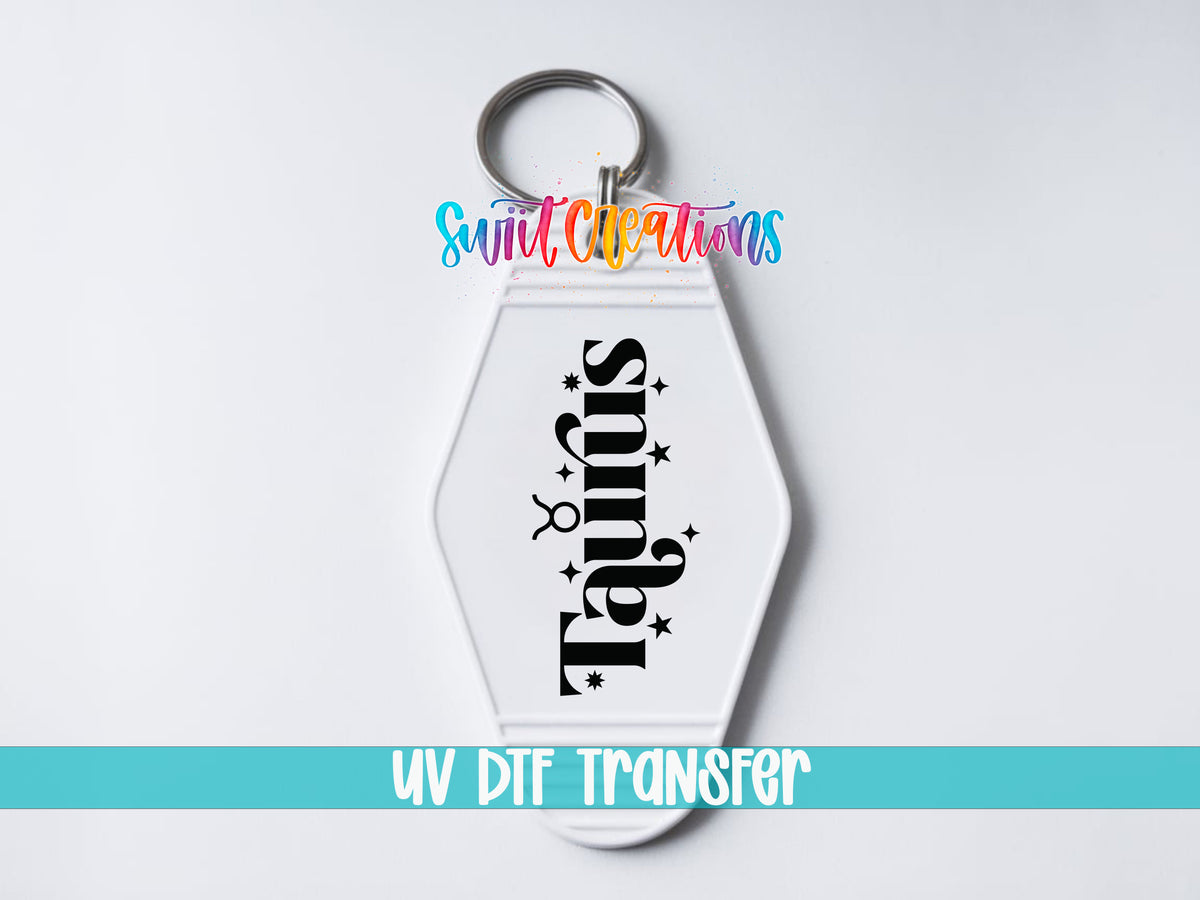 Taurus motel keychain UV DTF transfer close-up mockup by Swiit Creations