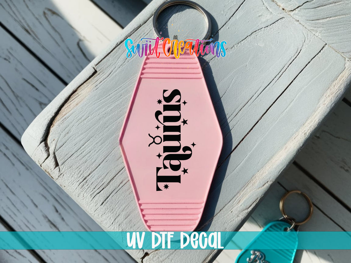 Taurus motel keychain UV DTF transfer colored keychain mockup by Swiit Creations