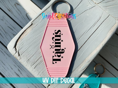 Taurus motel keychain UV DTF transfer colored keychain mockup by Swiit Creations