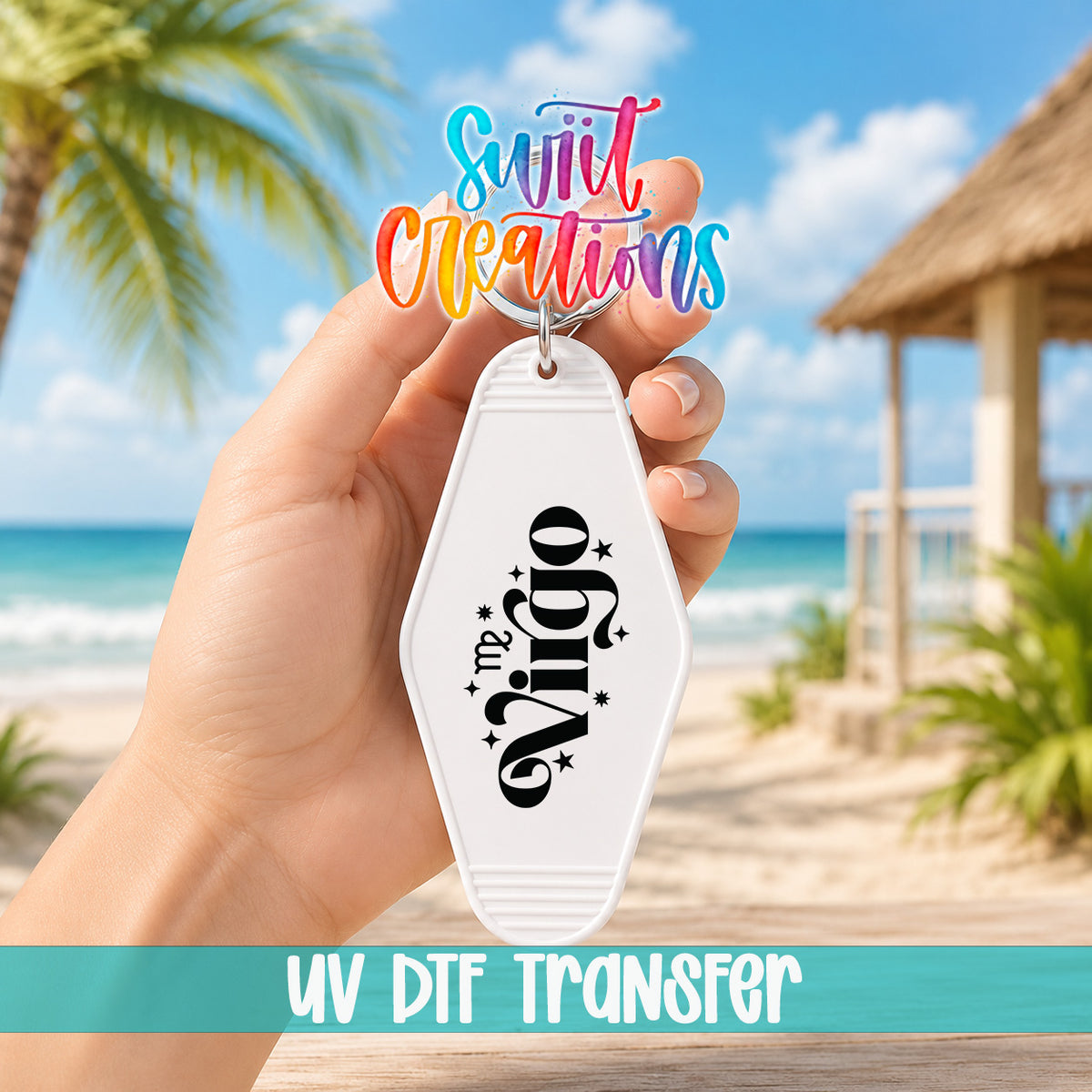 Virgo motel keychain UV DTF transfer lifestyle mockup by Swiit Creations